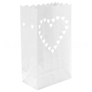 cleverdelights white luminary bags – 30 count – big heart design – flame resistant paper – wedding, reception, party and event decor – luminaria candle bag