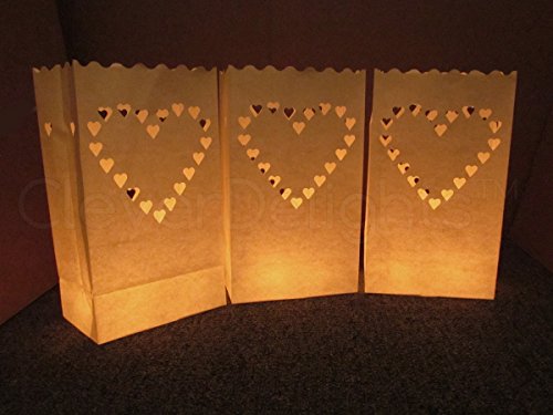 CleverDelights White Luminary Bags - 30 Count - Big Heart Design - Flame Resistant Paper - Wedding, Reception, Party and Event Decor - Luminaria Candle Bag