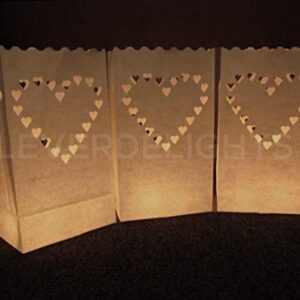 CleverDelights White Luminary Bags - 30 Count - Big Heart Design - Flame Resistant Paper - Wedding, Reception, Party and Event Decor - Luminaria Candle Bag