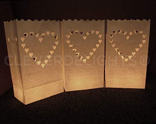 CleverDelights White Luminary Bags - 30 Count - Big Heart Design - Flame Resistant Paper - Wedding, Reception, Party and Event Decor - Luminaria Candle Bag