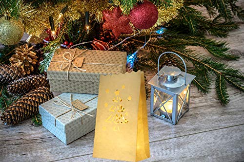 Onene 10 Pcs White Luminary Bags, Candle Bag with Christmas Tree Design, Durable and Reusable Fire-Retardant Cotton Material Paper Lantern Bags for Christmas Holiday Outdoor, New Year Occasion