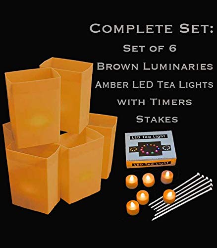 Set of 6 Brown Luminaries, Amber LED Tea Lights & Stakes