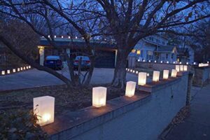 set of 6 white luminaries, warm white led tea lights with timers & stakes