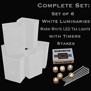 Set of 6 White Luminaries, Warm White LED Tea Lights with Timers & Stakes