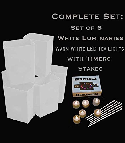 Set of 6 White Luminaries, Warm White LED Tea Lights with Timers & Stakes