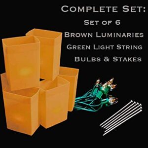 Set of 6 Brown Luminaries, Light String, Bulbs & Stakes