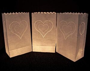 cleverdelights white luminary bags – 50 count – heart of hearts design – wedding party christmas holiday luminaria