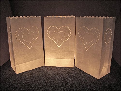 CleverDelights White Luminary Bags - 20 Count - Heart of Hearts Design - Wedding Party Christmas Holiday Luminaria