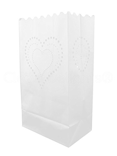 CleverDelights White Luminary Bags - 20 Count - Heart of Hearts Design - Wedding Party Christmas Holiday Luminaria