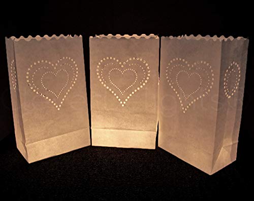 CleverDelights White Luminary Bags - 20 Count - Heart of Hearts Design - Wedding Party Christmas Holiday Luminaria