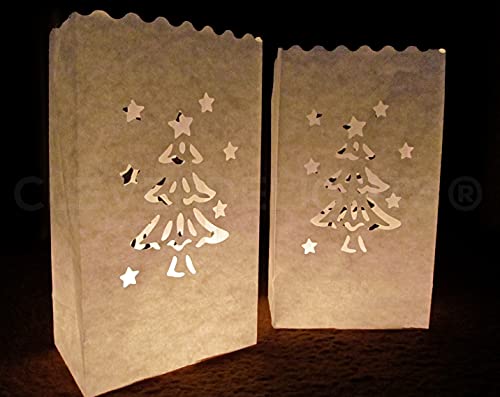 CleverDelights White Luminary Bags - 10 Count - Christmas Tree Design - Wedding Party Christmas Holiday Luminaria