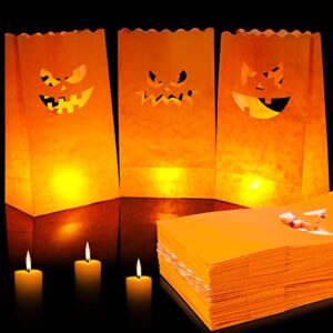 halloween luminary bags pumpkin flame resistant candle bag paper jack-o’-lantern lantern bags with 3 silhouettes for home garden wedding birthday halloween theme party decoration supplies (60 pack)