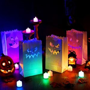 Fainne 24 Pcs Halloween Pumpkin Silhouette Luminary Paper Bags Jack O Lantern Bags Flame Resistant Candle Bag Halloween Candle Holder Bag with 24 Colorful LED Light Pumpkin Tealight for Halloween
