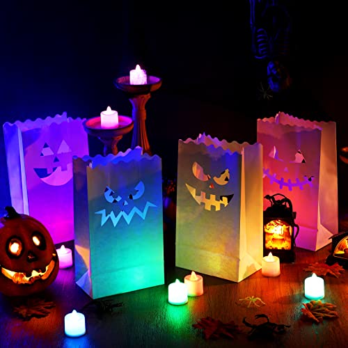 Fainne 24 Pcs Halloween Pumpkin Silhouette Luminary Paper Bags Jack O Lantern Bags Flame Resistant Candle Bag Halloween Candle Holder Bag with 24 Colorful LED Light Pumpkin Tealight for Halloween