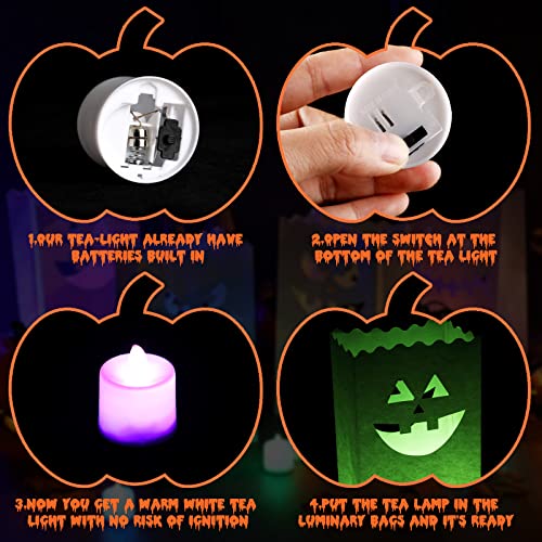 Fainne 24 Pcs Halloween Pumpkin Silhouette Luminary Paper Bags Jack O Lantern Bags Flame Resistant Candle Bag Halloween Candle Holder Bag with 24 Colorful LED Light Pumpkin Tealight for Halloween