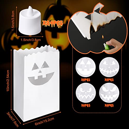 Fainne 24 Pcs Halloween Pumpkin Silhouette Luminary Paper Bags Jack O Lantern Bags Flame Resistant Candle Bag Halloween Candle Holder Bag with 24 Colorful LED Light Pumpkin Tealight for Halloween