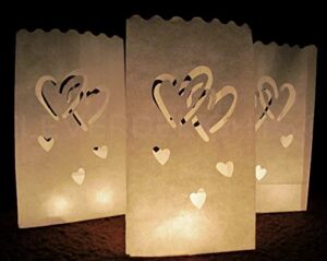 cleverdelights white luminary bags – 30 count – interlocking hearts design – wedding party christmas holiday luminaria