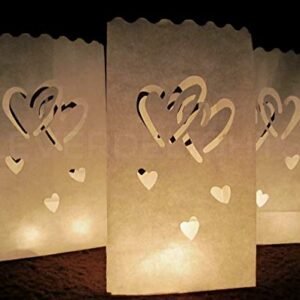 CleverDelights White Luminary Bags - 30 Count - Interlocking Hearts Design - Wedding Party Christmas Holiday Luminaria