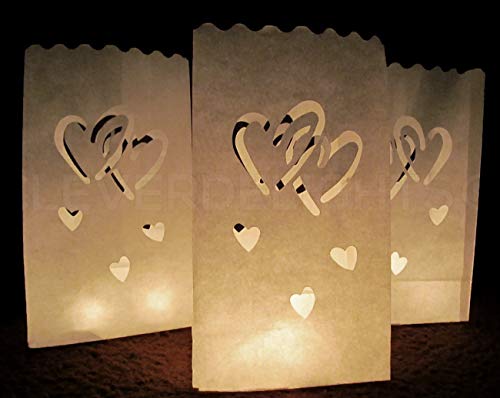 CleverDelights White Luminary Bags - 30 Count - Interlocking Hearts Design - Wedding Party Christmas Holiday Luminaria