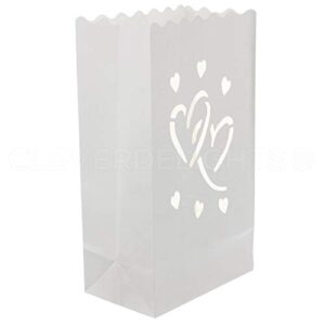 CleverDelights White Luminary Bags - 30 Count - Interlocking Hearts Design - Wedding Party Christmas Holiday Luminaria