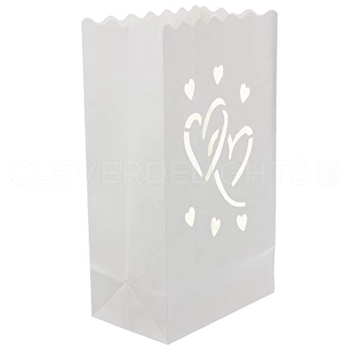 CleverDelights White Luminary Bags - 30 Count - Interlocking Hearts Design - Wedding Party Christmas Holiday Luminaria