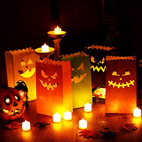 Fainne 60 Pcs Halloween Luminary Bags Halloween Flame Resistant Candle Bag Halloween Pumpkin Silhouette Candle Bags Halloween Candle Holder Bag for Home Halloween Party Decorations, 5 Designs