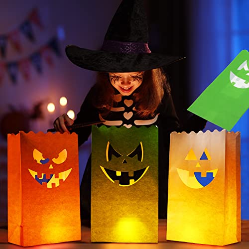 Fainne 60 Pcs Halloween Luminary Bags Halloween Flame Resistant Candle Bag Halloween Pumpkin Silhouette Candle Bags Halloween Candle Holder Bag for Home Halloween Party Decorations, 5 Designs