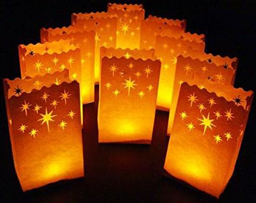 Since White Luminary Bags - 20 Count - Stars Design - Wedding, Reception, Party and Event Decor - Flame Resistant Paper - Luminaria (Stars)