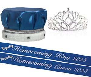 anderson’s blue/silver homecoming king/queen coronation set, sashes with foil imprints, crown, tiara, pins