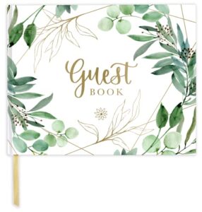 bloom daily planners wedding guest book (120 pages) guest sign-in book guest registry guestbook – white cover with gold foil, gilded edges and gold page marker hardbound 7″ x 9″ (eucalyptus)