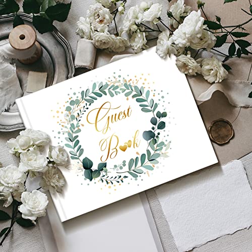 Wedding Guest Book 120 Pages Guest Sign in Book Guest Registry Guestbook White Cover with Gold Foil Guest Book, 6.7 x 8.7 Inches Hardbound (Leaf Style)