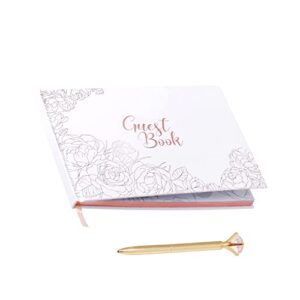 wedding guest book & pen, white elegant hardcover guest sign in book, luxury memory book sturdy photo scrapbook guest book, rose gold gilded edge hardbound wedding guest book, 100 pages
