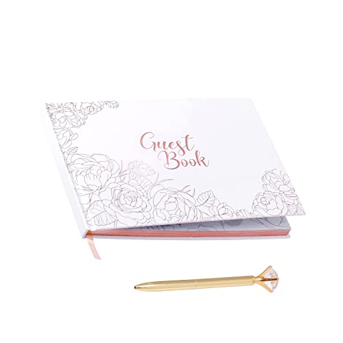 Wedding Guest Book & Pen, White Elegant Hardcover Guest Sign in Book, Luxury Memory Book Sturdy Photo Scrapbook Guest Book, Rose Gold Gilded Edge Hardbound Wedding Guest Book, 100 Pages