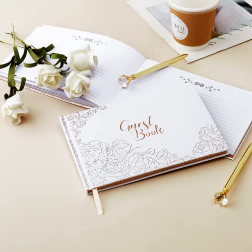 Wedding Guest Book & Pen, White Elegant Hardcover Guest Sign in Book, Luxury Memory Book Sturdy Photo Scrapbook Guest Book, Rose Gold Gilded Edge Hardbound Wedding Guest Book, 100 Pages