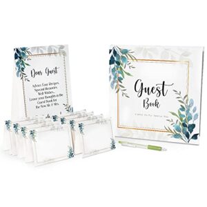 guest book wedding reception, hardcover decorative guestbook, alternative sign in, blank pages personal messages, decorative book for home, includes pen, instructional sign, and 10 tent cards.