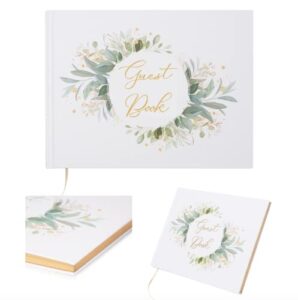 avamie wedding guest book, 120 lined pages guest sign-in book guest registry guestbook planner, white cover with gold foil and greenery design, gold gilded edges and gold ribbon, 7×9 inches, hardbound