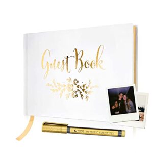 j&a homes polaroid guest book for wedding – registry sign-in book for wedding, reception, engagement, birthday, baby shower – white guestbook w/bookmark & gold floral design – 9″ x 6″ (100 pages)