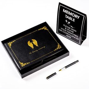 oiamto funeral guest book,hardcover in loving memory guest sign in book,for memorial service,leather golden embossed cover,table display sign,and a black gold ballpoint pen,for 210 guests,10.2″x7.8″