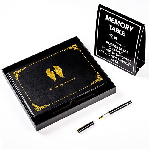 OIAMTO Funeral Guest Book,Hardcover in Loving Memory Guest Sign in Book,for Memorial Service,Leather Golden Embossed Cover,Table Display Sign,and a Black Gold Ballpoint Pen,for 210 Guests,10.2"x7.8"