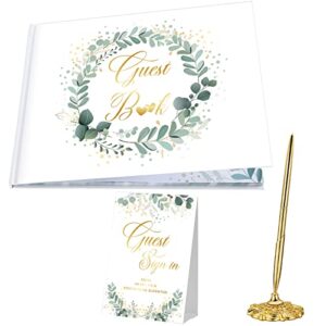 wedding guest book set wedding memory book lined wedding registry guestbook with gold pen and holder, guest sign in table card, hard cover with gold foil, for baby bridal shower,7x9inch (eucalyptus)