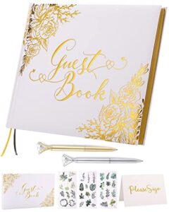 wedding guest book – guest book wedding reception with pens – 9×7” personalized wedding guestbook photo album sign in book – gold foil hardcover & gilded edges, for weddings, baby shower, party