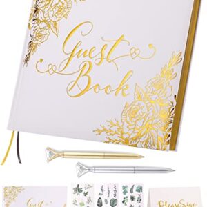 Wedding Guest Book - Guest Book Wedding Reception with Pens - 9x7'' Personalized Wedding Guestbook Photo Album Sign in Book - Gold Foil Hardcover & Gilded Edges, for Weddings, Baby Shower, Party