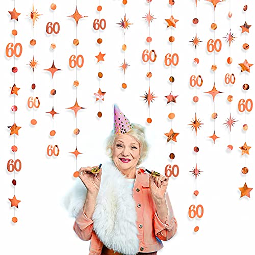 Rose Gold 60th Birthday Decorations Number 60 Circle Dot Twinkle Star Garland Metallic Hanging Streamer Bunting Banner Backdrop for 60 Year Old Happy Birthday 60th Anniversary Sixty Party Supplies