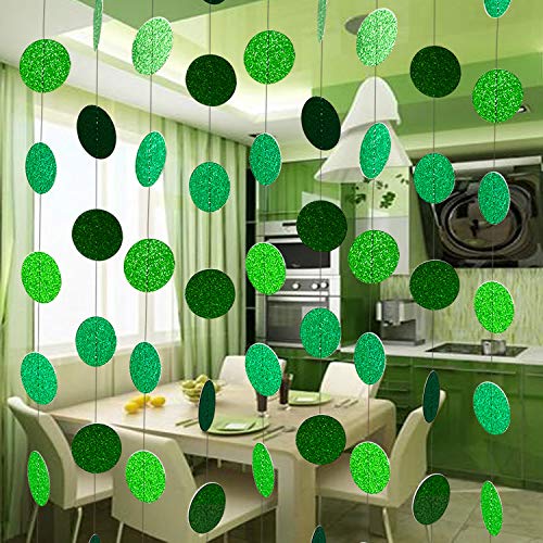 XIANMU Glitter Green Paper Garland Circle Dot Party Banner Hanging Streamer Backdrop Decorations for Green Theme Party, St Patrick's Day, Wedding, Birthday, Baby Shower Party Supplies 40 Feet