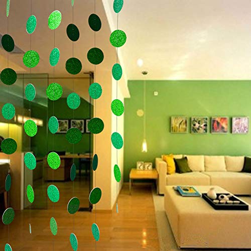 XIANMU Glitter Green Paper Garland Circle Dot Party Banner Hanging Streamer Backdrop Decorations for Green Theme Party, St Patrick's Day, Wedding, Birthday, Baby Shower Party Supplies 40 Feet