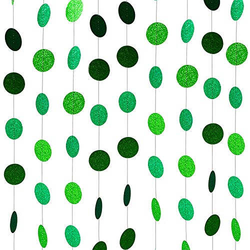 XIANMU Glitter Green Paper Garland Circle Dot Party Banner Hanging Streamer Backdrop Decorations for Green Theme Party, St Patrick's Day, Wedding, Birthday, Baby Shower Party Supplies 40 Feet