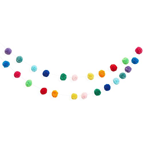 10 Feet Colorful Wool Pom Pom Garland for Rainbow Birthday Decorations (24 Balls)