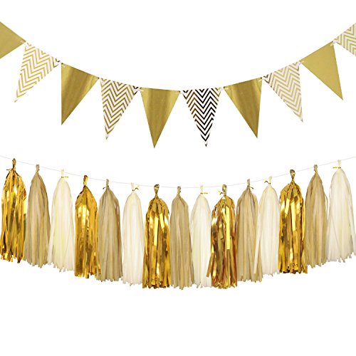 Aonor Sparkly Paper Pennant Banner Triangle Flags Bunting 8.2 Feet and Tissue Paper Tassels Garland 15 pcs for Baby Shower, Birthday Party Decorations, Metallic Gold