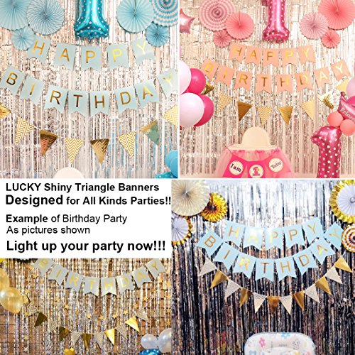 Aonor Sparkly Paper Pennant Banner Triangle Flags Bunting 8.2 Feet and Tissue Paper Tassels Garland 15 pcs for Baby Shower, Birthday Party Decorations, Metallic Gold