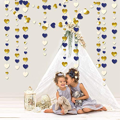 52Ft Navy Blue Gold Love Heart Garland Royal Blue Gold Hanging Streamer Banner for Anniversary Mother's Day Valentines Day Bachelorette Engagement Wedding Bridal Baby Shower Birthday Party Decorations